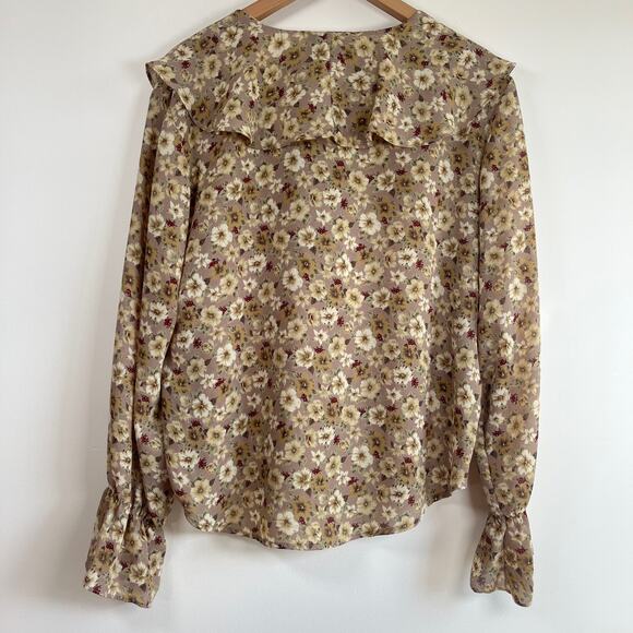 Vintage Try 1 Floral Ruffle Peasant Blouse Pearl Button Beige Brown USA Size M - Picture 10 of 11